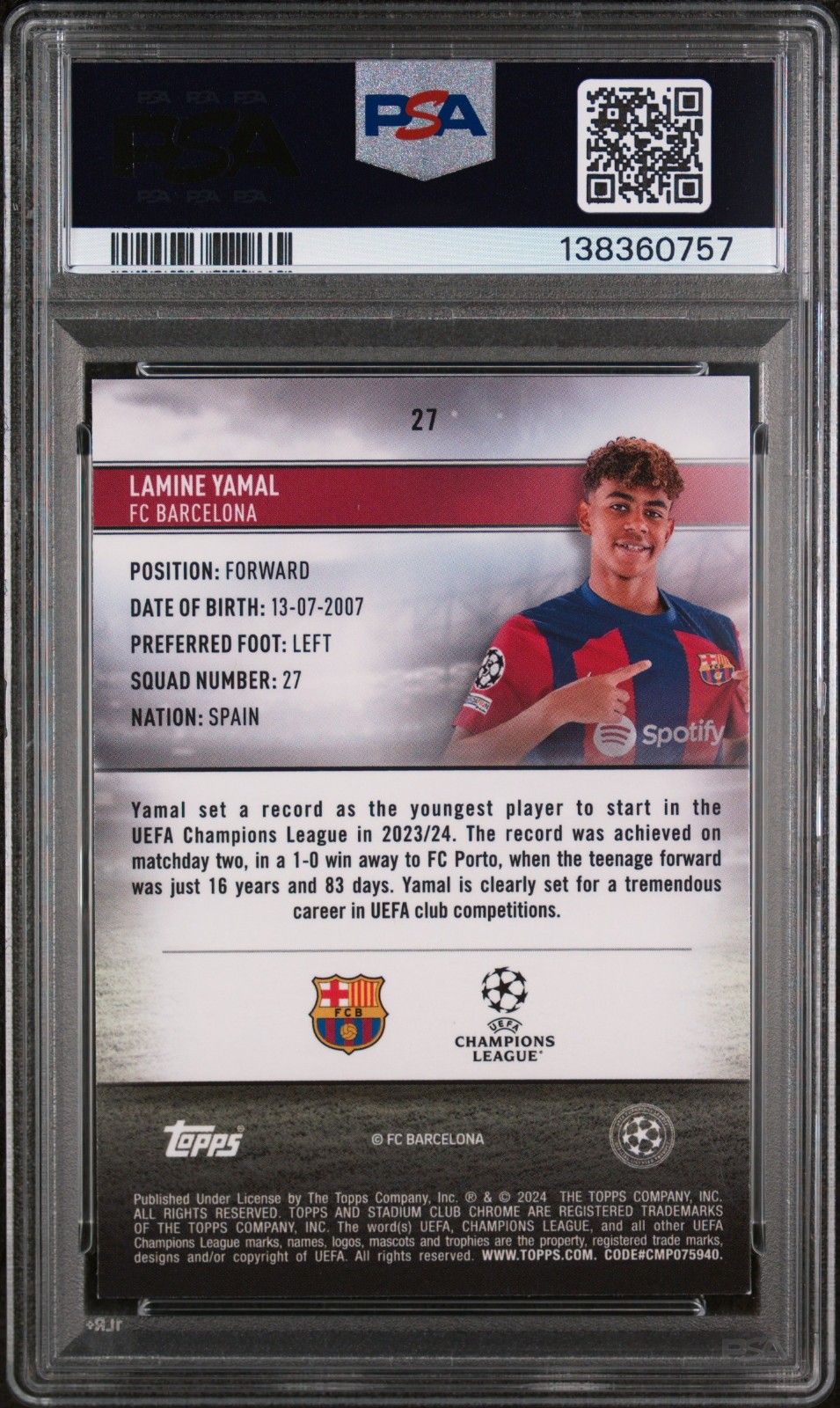 2023-24 Topps Stadium Club UCC #27 Lamine Yamal Rookie RC PSA AUTHENTIC AUTO view 2