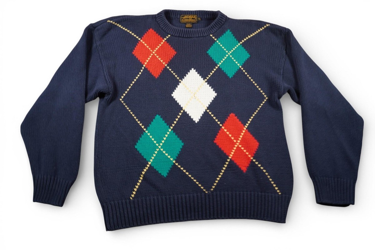 Vintage Eddie Bauer Sweater Mens XL Blue Chunky Knit Argyle Cotton