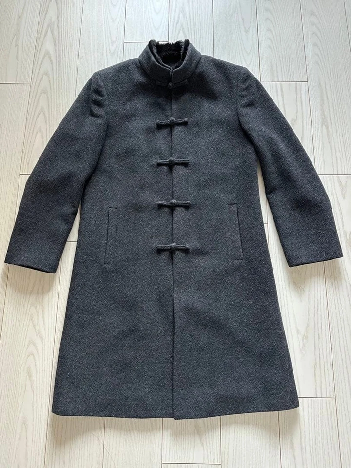 Mandarin Square Wool Long Coat S Dark Gray Angora Shanghai Tang Style - Image 3 of 4