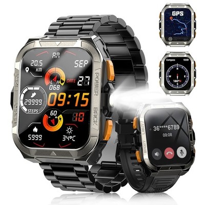 Military Grade Smart Watch Men GPS Tactical LED Flashlight Stainless Steel Band*