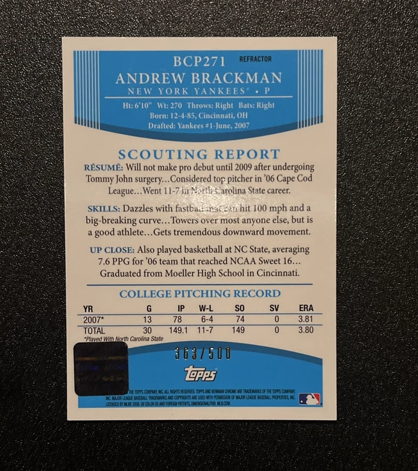 2008 Bowman Chrome - Prospects Autographs Refractor/500 Andrew Brackman #BCP271 - Image 3 of 4