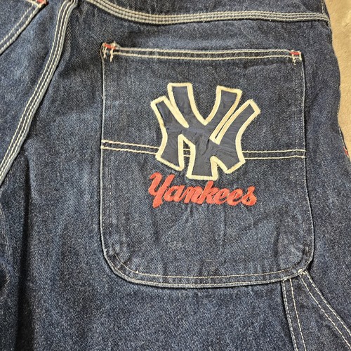 VTG Y2K Adidas Blue Denim Baggy Carpenter Shorts Size 38 NY YANKEES EMBROIDERED - Picture 5 of 19