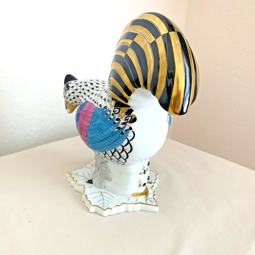 Herend Black Fishnet Porcelain Rooster with Pearl Figurine 5016 - Picture 3 of 11