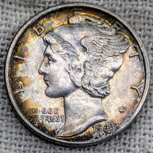 1943 D Mercury Dime AU BU : Rainbow Tone, Full Bands FB FSB - .9 Fine Silver