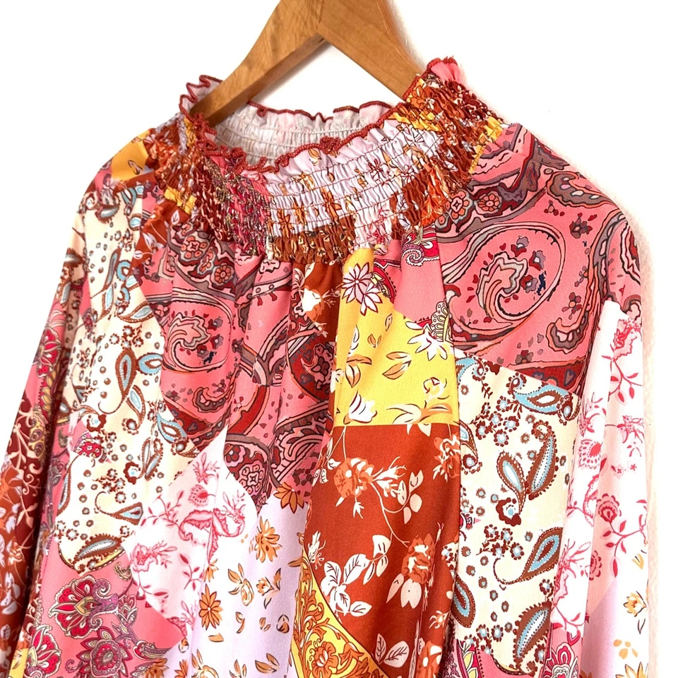 SHEIN CURVE Plus Shirt Women's 2XL Patchwork Paisley Boho Mock Neck Smocked Top - Image 4 of 4