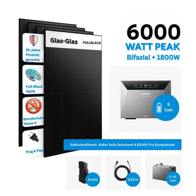 Balkonkraftwerk 6000W mit Anker Solix Solarbank 4 Pro 5kW Komplettset Glas-Glas
