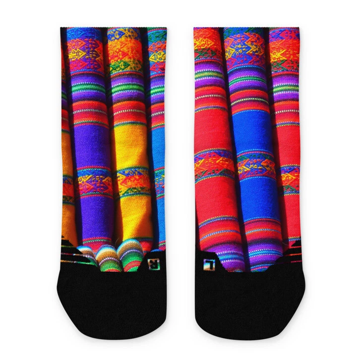 Red, purple, yellow patterned ankle socks