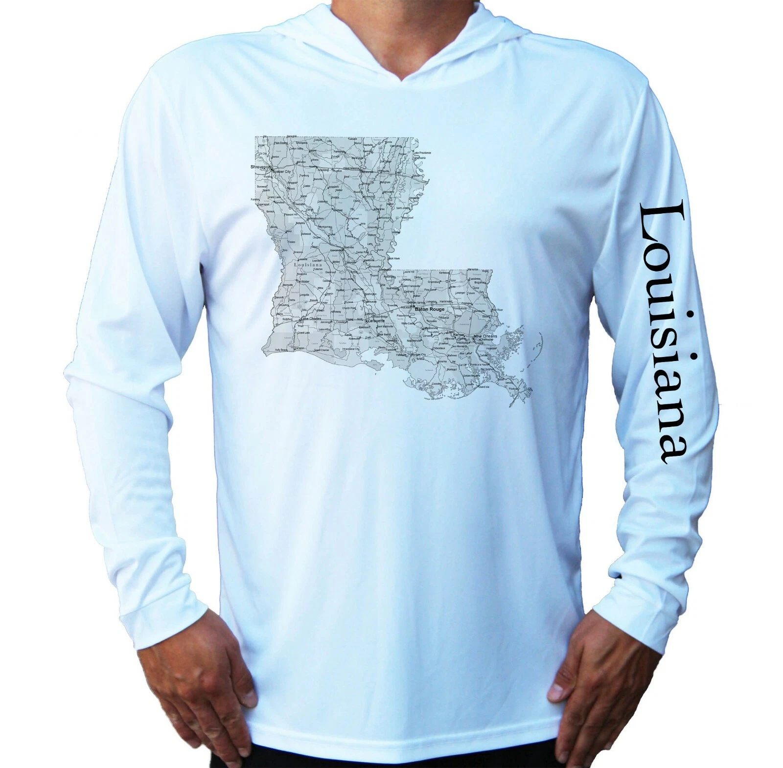 Louisiana State Map Sport UV Protected UPF 50 Long Sleeve T-Shirt Hood Fishing