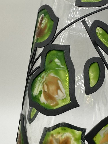 Unique Clear Cylinder Green Yellow Swirl Painted Embossed Vine Theme Vase 10.5” - Picture 9 of 9