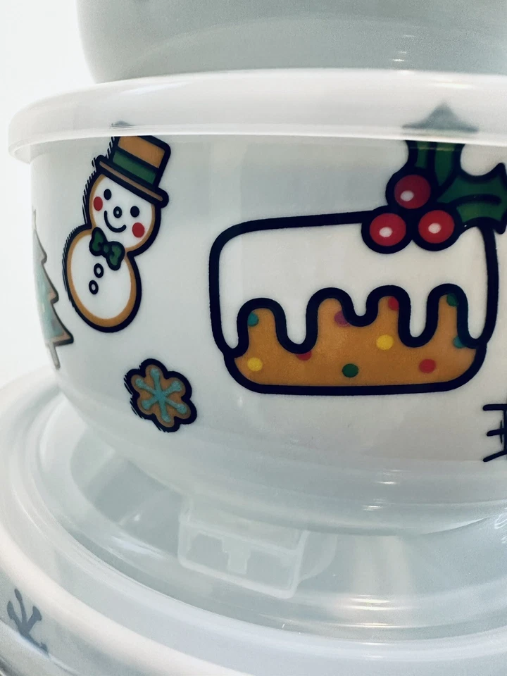 Hello Kitty Tema Navidad Contenedor de Alimentos Cerámica y Plástico Tapa Juego de 3 - NUEVO Foto 4 de 4
