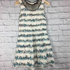 Oasis Dress White Black Blue Size 10 Euro 36 100% Cotton Horse Cart Pattern