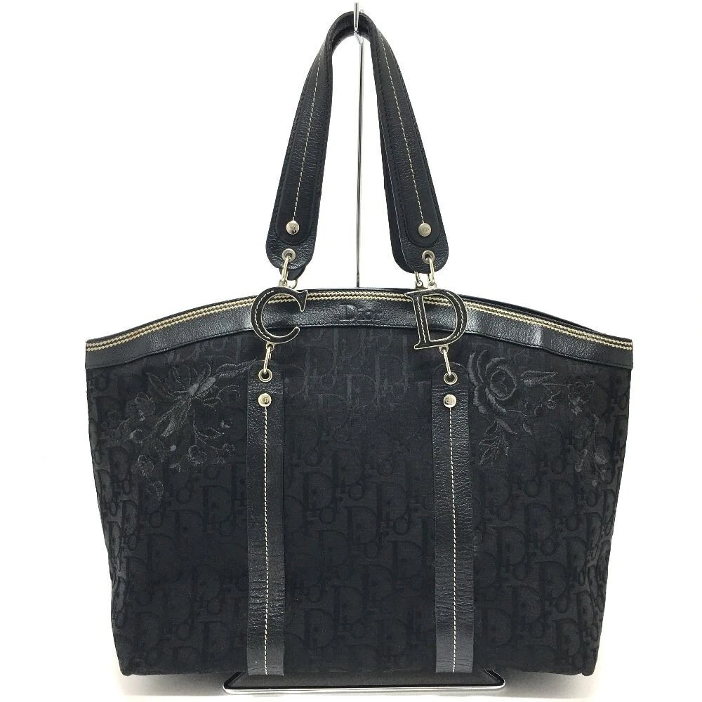 Sac à main fourre tout Dior trotteur broderie fleurs toile noire cuir femme !!!