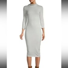 James Perse Mock Neck Stretch Cotton Midi Dress in Light Gray