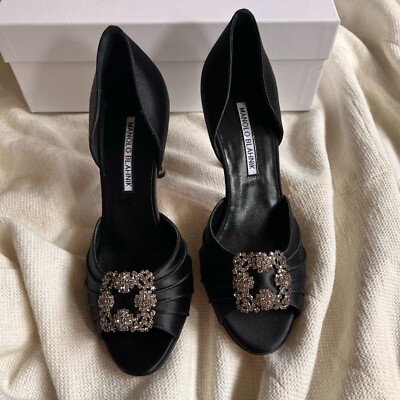 Manolo Blahnik Cassiado d'Orsay Crystal Pump Open Toe 90 mm Black