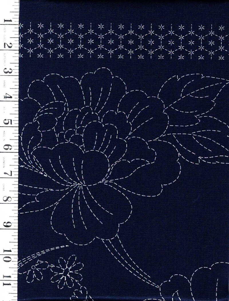 Sashiko Pre-printed Panel - HM-53 - PEONIES - NAVY - Washout Stitching Lines