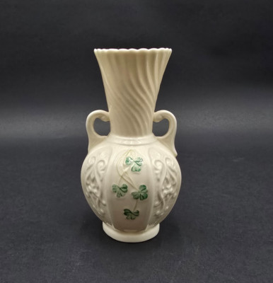Belleek Ireland Irish Porcelain Shamrock Vase Double Handle 5.25'' Brown Mark