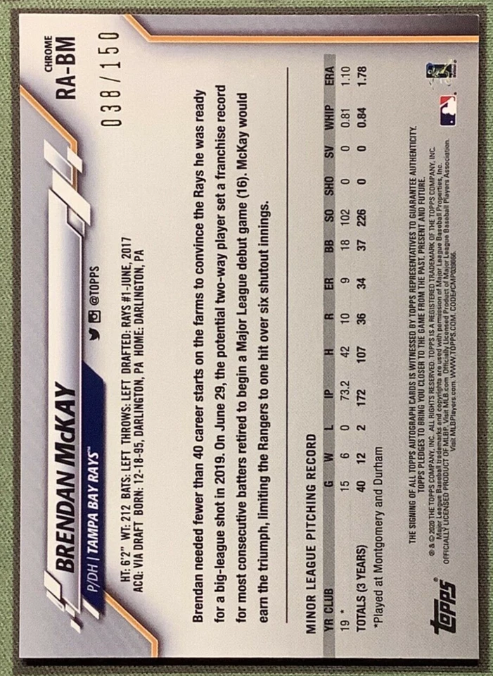 Brendan Mckay 2020 Topps Chrome Blue Refractor Auto /150 Rays Rookie Autograph - Image 2 of 3