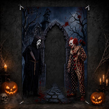 Halloween Photo Booth Backdrop, Scary Clown and Masked Killer Photo Frame Banner