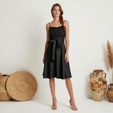 Evening Glam Knee Length Dress Black Satin A-Line Sleeveless Pockets S