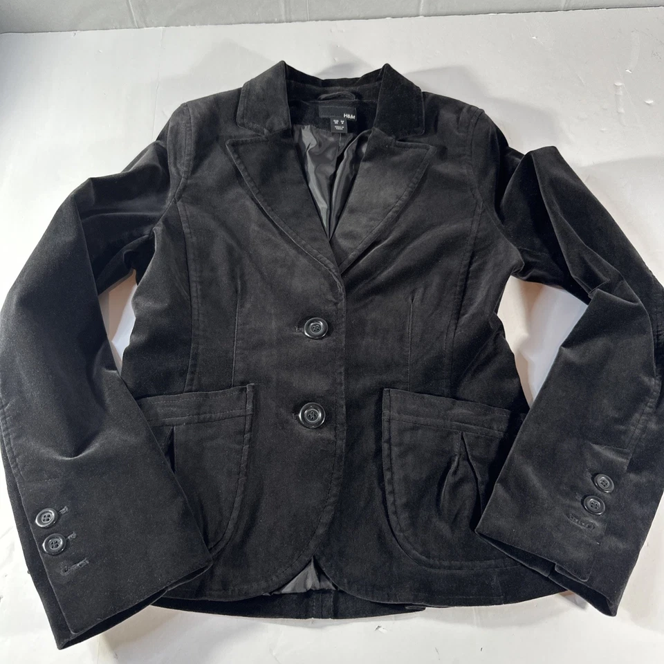 Blazer H&M Chaqueta Negra Mujer 8 Terciopelo Forrado Dos Botones Bolsillos Ajustado Foto 3 de 4