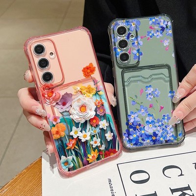 Kartenfach Hülle für Samsung S25 S26 Ultra S24 A17 A55 A16 Klar TPU Blumenmuster