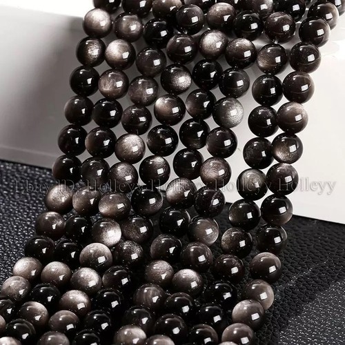 Cuentas sueltas redondas de piedras preciosas de obsidiana de plata natural para hacer joyas 4/6/8/10/12 mm - Imagen 2 de 17