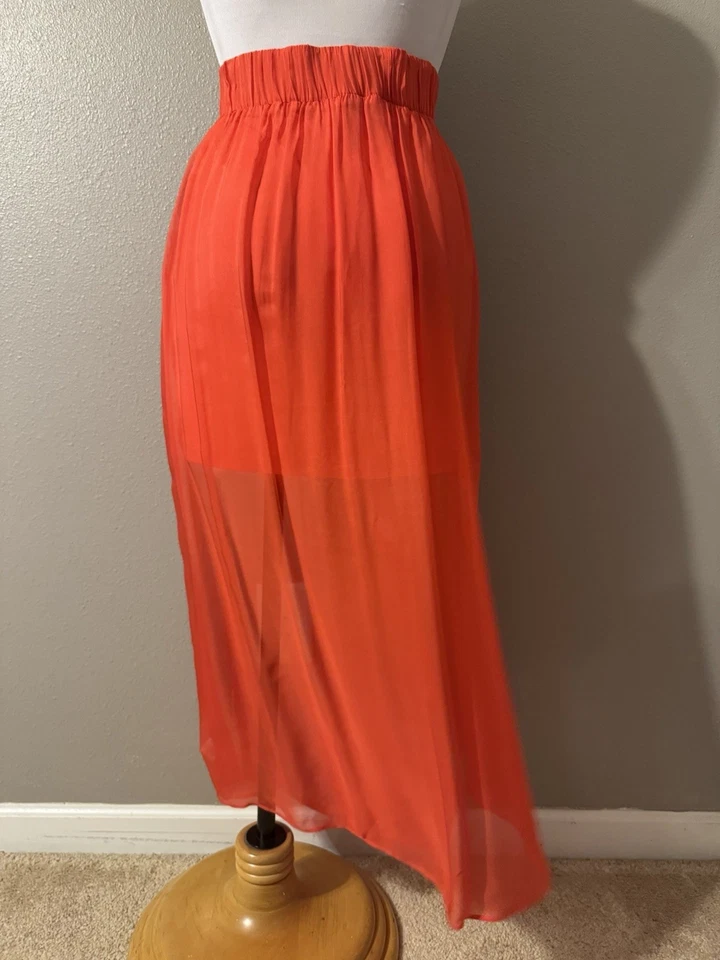 Falda Hale Bob Midi S Pequeña Roja Naranja Mezcla Seda Fluida Transparente Pull On Foto 2 de 4