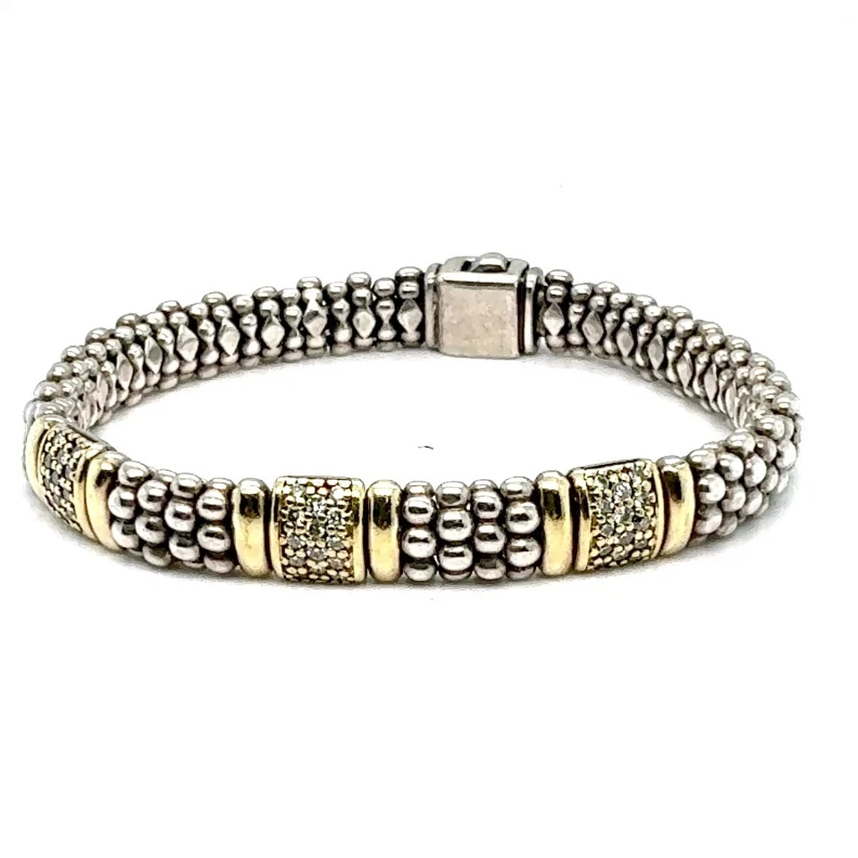 Браслет из золота 925 пробы и 18 карат с тремя бриллиантами Lagos Caviar Three Station — 7,5 дюйма - Изображение 3 из 4