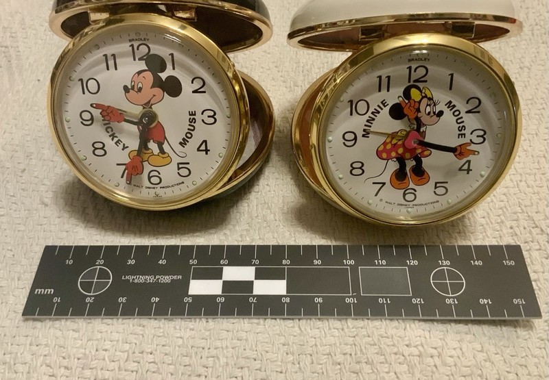 VINTAGE DISNEY Bradley Mickey & Minnie Mouse Travel Alarm Clocks NIB MATCHED SET