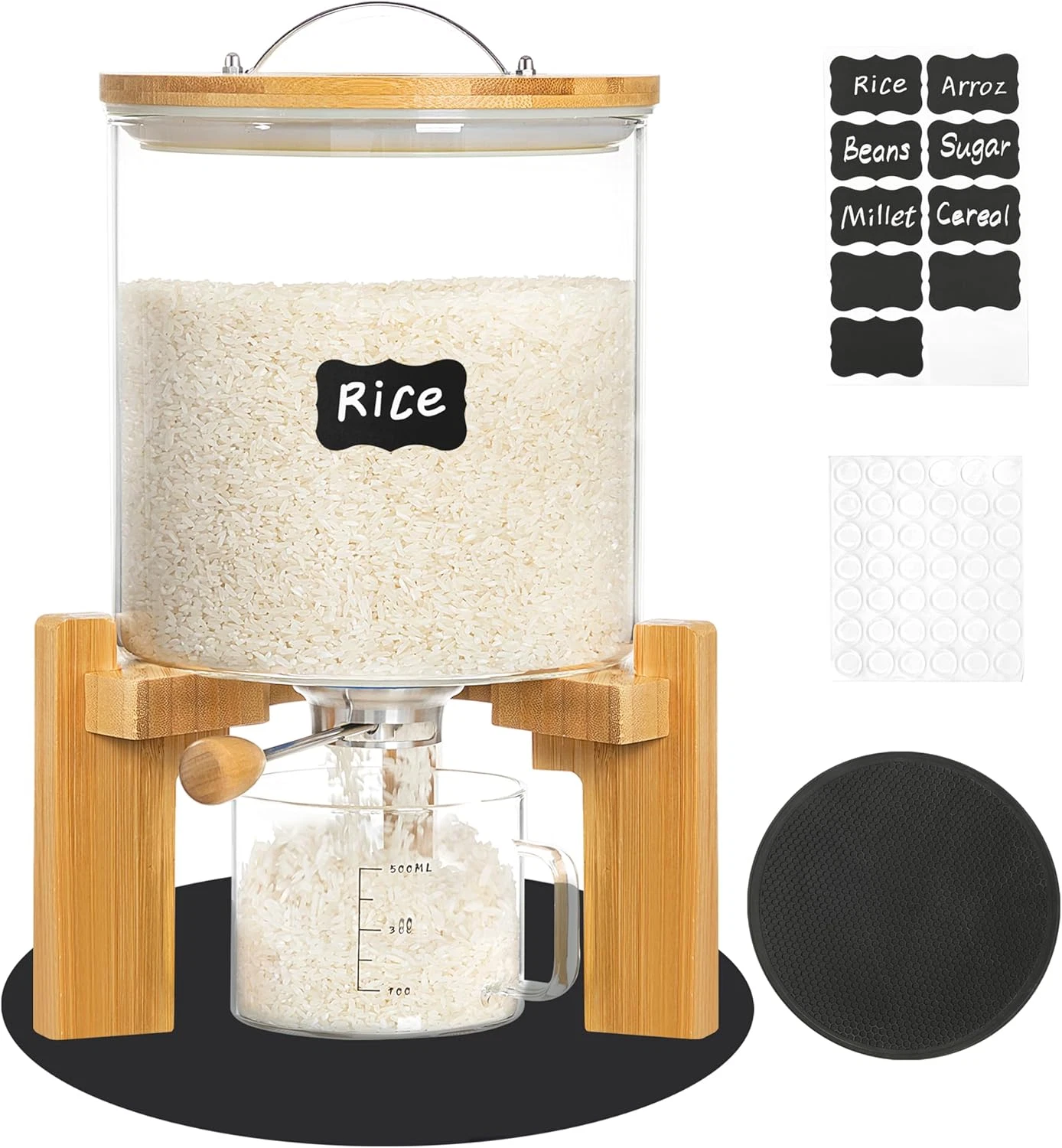 Airtight Glass Rice Dispenser with Bamboo Lid & Wooden Stand, 8-10 lbs