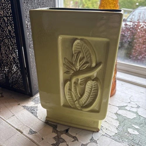 Vintage Red Wing Pottery Vase # B 2003 Green with 3D Tropical Flower 10"