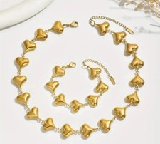 2pcs Stainless Steel Gold Plated Heart Necklace Bracelet Set Hypoallergenic