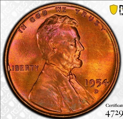 1954-D Toned Lincoln Cent, MS65 RB, PCGS, Pretty Toning