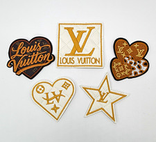 New 5PC Logo Embroidered Iron-On Patch Set Heart Star Square, WHT/GOLD LEATHER