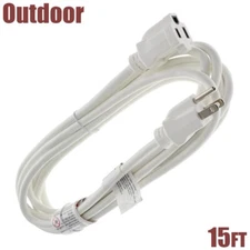 15FT Outdoor Power Cable Landscape Extension Cord 16/3 AWG SJTW Grounded White