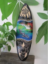 Hawaiian Hand Made 20" Carved Wood Surfboard Decor Engraved Hibiscus Airbrush