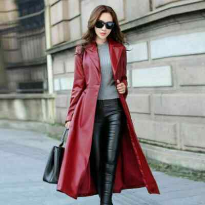 Trendy Red Lambskin Leather Women Trench Coat Stylish Handmade Formal Casual New