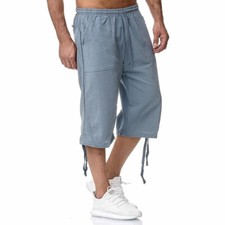 Men Linen Shorts 3/4 Pants Crop Capri Trousers Pocket Elastic Waist Ethnic Loose