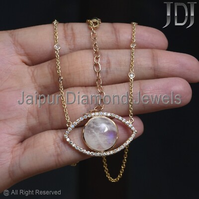 Natural Diamond Rainbow Moonstone Gemstone 14k Yellow Gold Eye Charm  Necklace