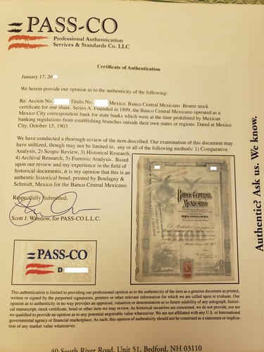 Banco Central Mexicano  Share certificate 1903 "blueberry" uncancelled  - Picture 2 of 2