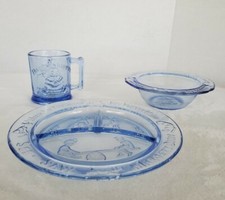 Vtg Childs 3-Piece Dinnerware Nursery Rhyme Set Blue Plate Bowl Mug Tiara Glass