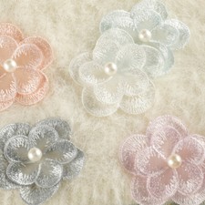 11X Beaded Lace Appliques Pearl Flower Embroidery Patches DIY Brooch Accessories