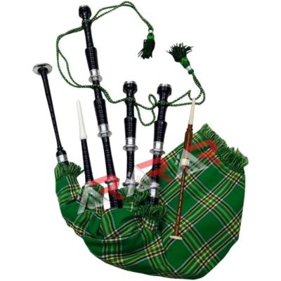 Scottish G Highland Black wood Bagpipe Full Silver Mounts Irish Green