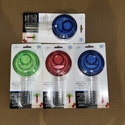 Mason Jar Infuser Lid, Wide Mouth, Set of 4 Opening for Straw, Fruit, Tea Asstd.