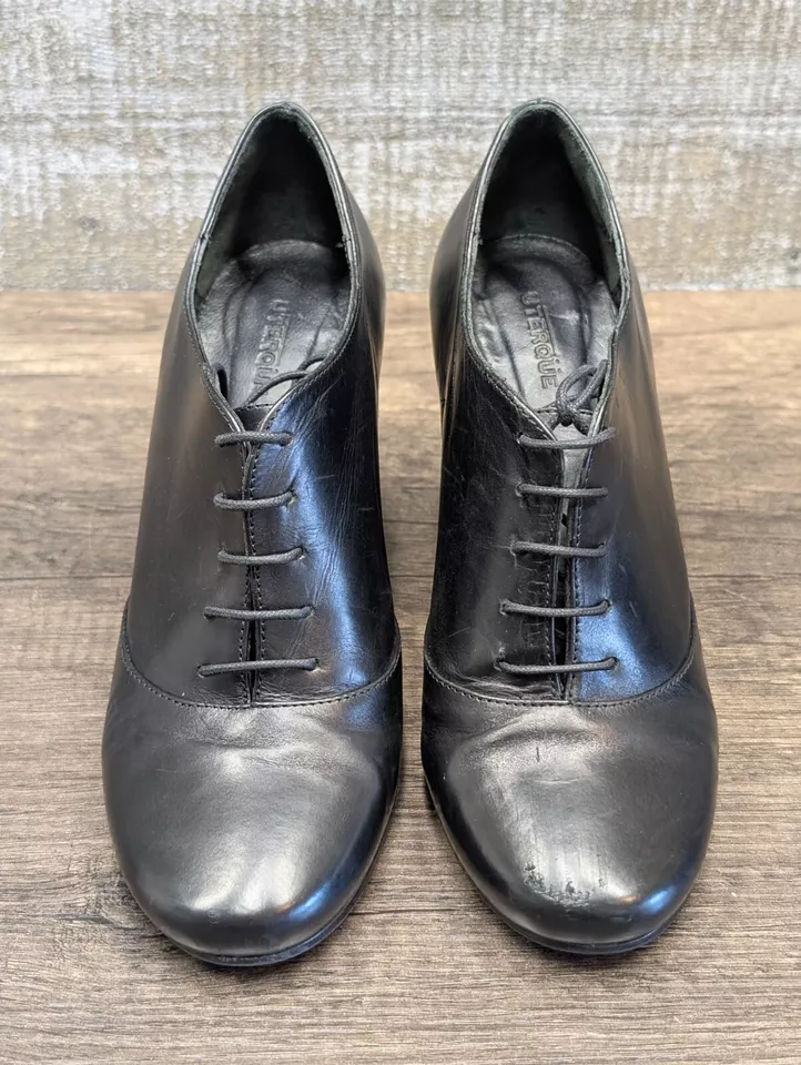 Botines UTERQUE de cuero negro con cordones estilo Oxford de tacón ancho para mujer 36/6 Foto 2 de 4