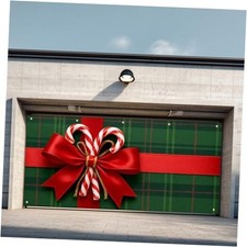 Christmas Garage Door Banner 6x13 ft Plaid Gift Candy Cane Red Ribbon Gift Box