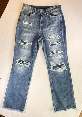 JUDY BLUE HIGH RISE BOOT CUT JEANS - SZ 14W - DENIM STRETCH RIPPED/FRAY - 32'' IN
