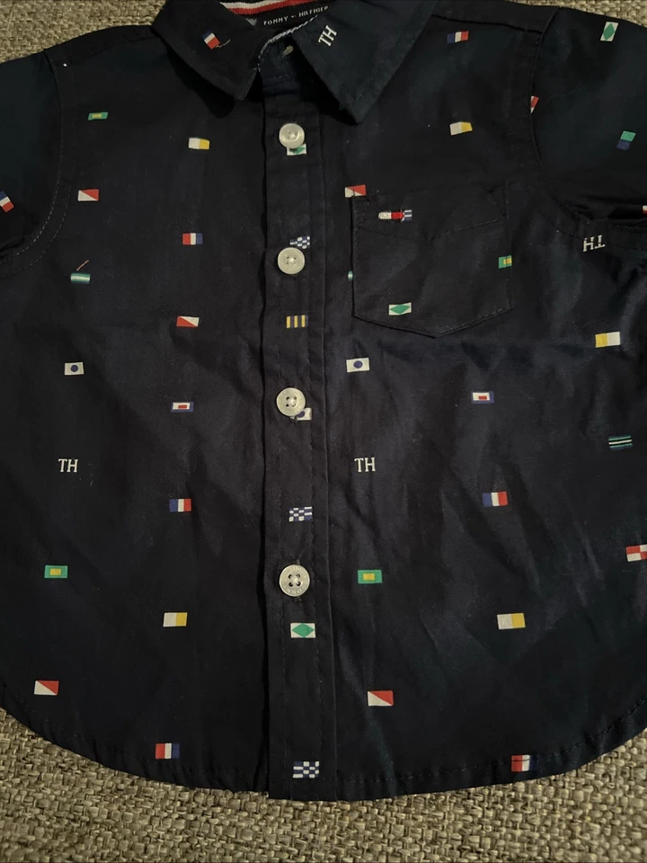 NUEVO CON ETIQUETAS Infantil Tommy Hilfiger Multicolor Azul Marino Bandera Camisa Abotonada Logo 6-9 Meses Foto 4 de 4