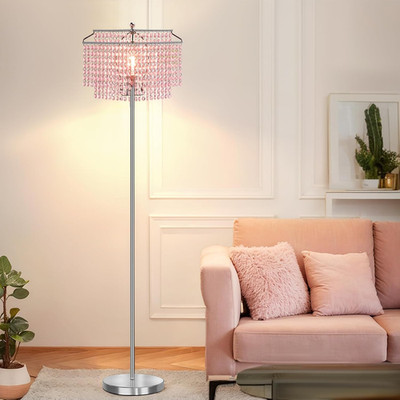 Pink Crystal Floor Lamp, 64'' Tall Standing Lamps with Double-Layer Lampshade, Fl