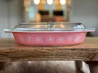 Vintage PYREX Pink Daisy Divided Casserole Dish & Lid, 1.5 Qt. USA